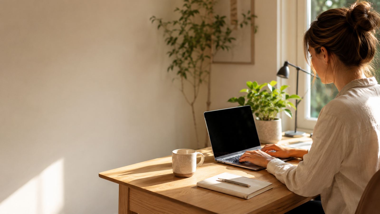 A home-based entrepreneur working at a sunlit wood desk
