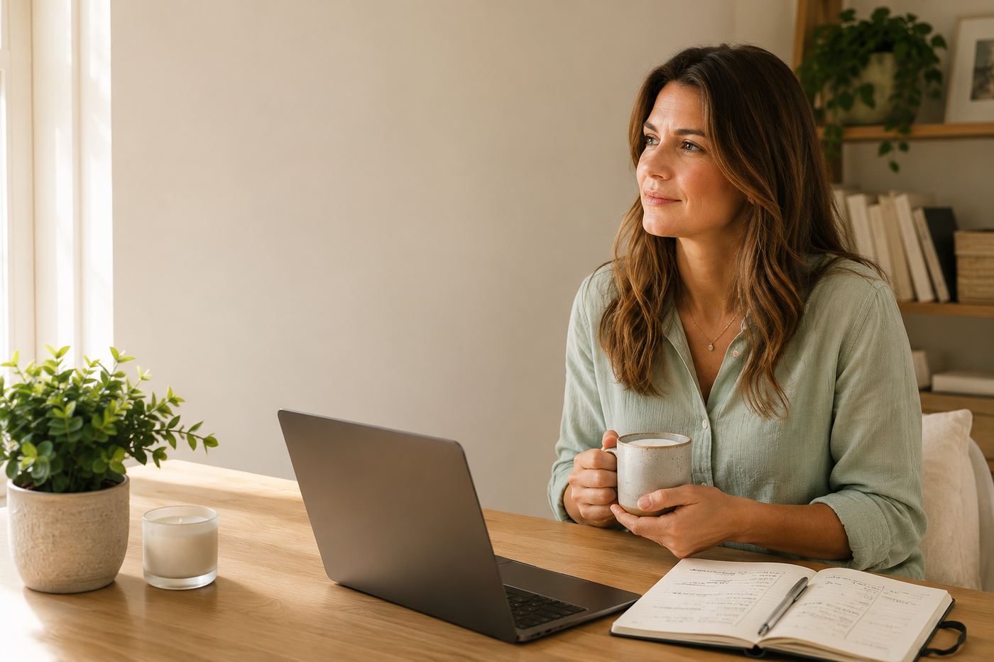 A home-business owner at her desk, coffee in hand