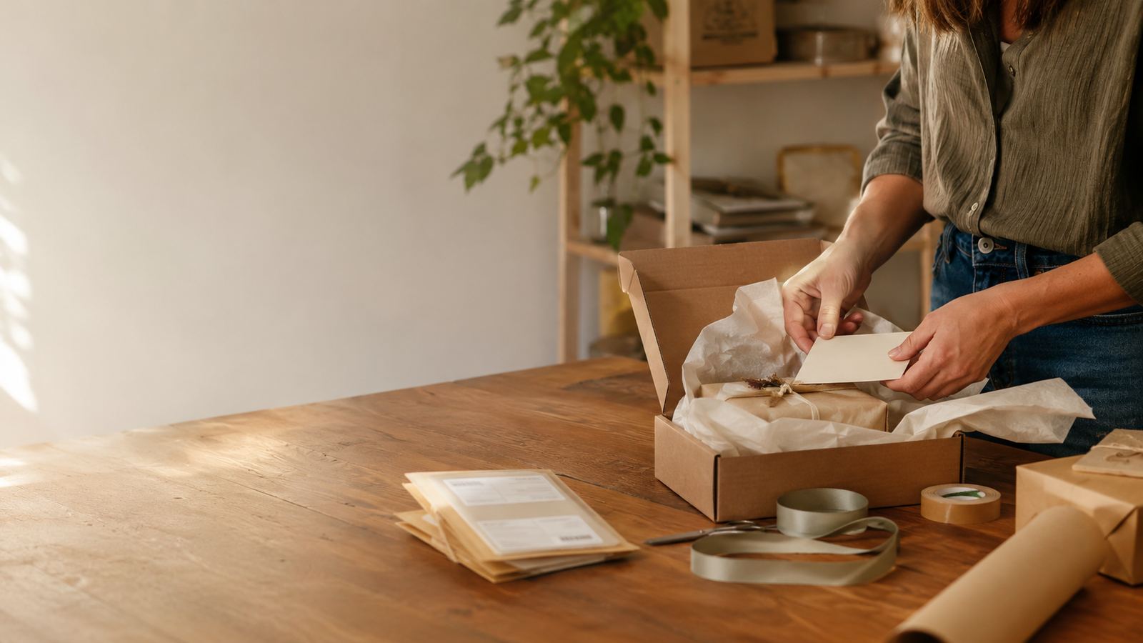 Hands packing a small-business order in warm light