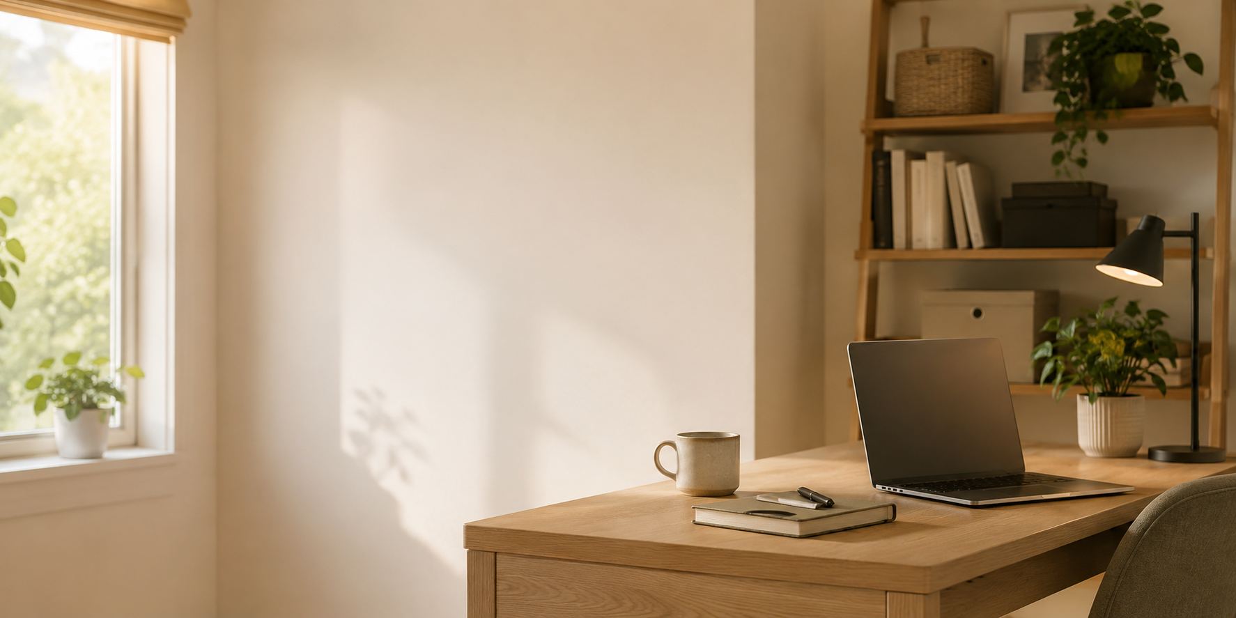 A calm, sunlit home workspace
